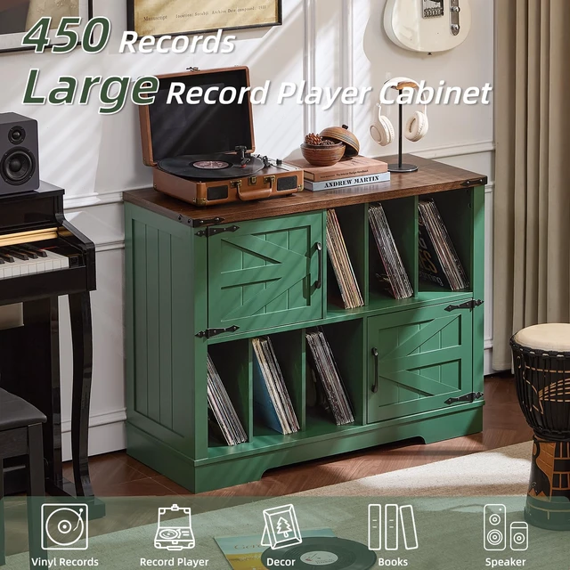 Alt view image 4 of 7 - Large Record Player Stand with Vinyl Storage Up to 450 Albums, 39 Inch Farmhouse Wood Green Vinyl Records Storage Cabinet with Barn Doors, Mid-Century Accent Turntable Stand for Living Room