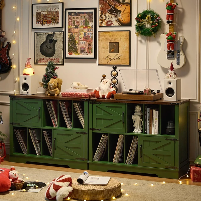 Alt view image 5 of 7 - Large Record Player Stand with Vinyl Storage Up to 450 Albums, 39 Inch Farmhouse Wood Green Vinyl Records Storage Cabinet with Barn Doors, Mid-Century Accent Turntable Stand for Living Room