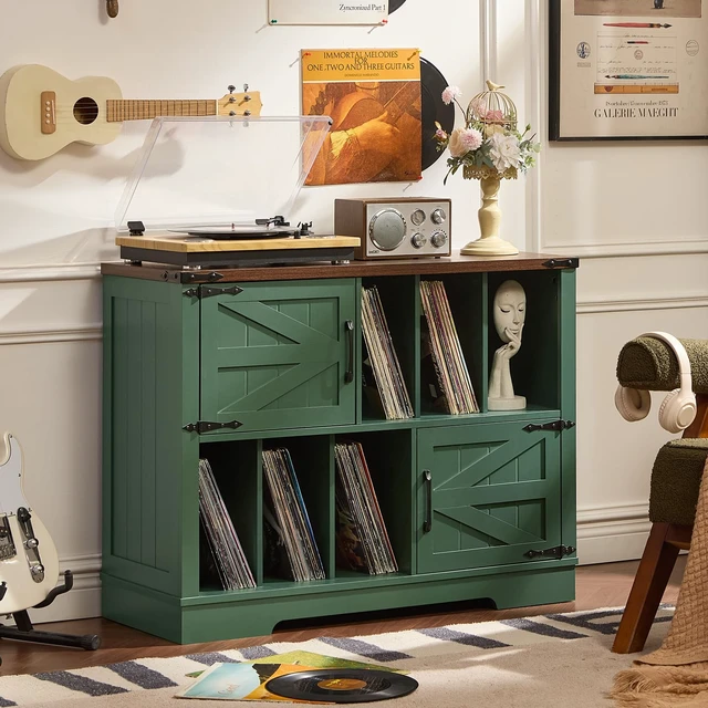 Alt view image 7 of 7 - Large Record Player Stand with Vinyl Storage Up to 450 Albums, 39 Inch Farmhouse Wood Green Vinyl Records Storage Cabinet with Barn Doors, Mid-Century Accent Turntable Stand for Living Room