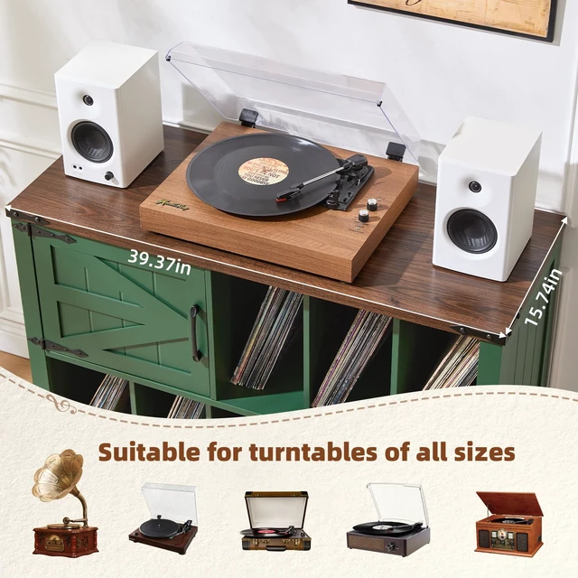 Alt view image 6 of 7 - Large Record Player Stand with Vinyl Storage Up to 450 Albums, 39 Inch Farmhouse Wood Green Vinyl Records Storage Cabinet with Barn Doors, Mid-Century Accent Turntable Stand for Living Room