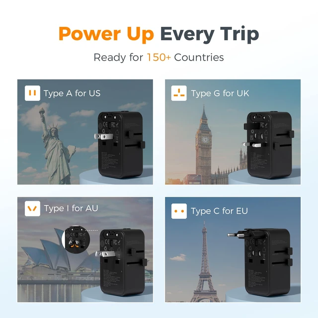 Alt view image 2 of 7 - International Power Adapter PD 25W, Black Ultra Thin Universal Travel Adapter, 2 USB A 2 USB C, US to European UK Australia Ireland, Type C G A I