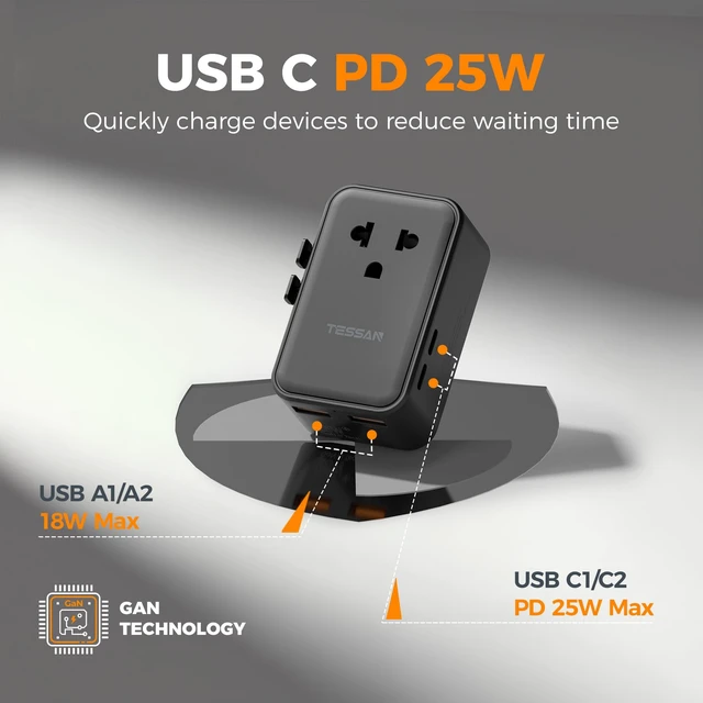 Alt view image 5 of 7 - International Power Adapter PD 25W, Black Ultra Thin Universal Travel Adapter, 2 USB A 2 USB C, US to European UK Australia Ireland, Type C G A I