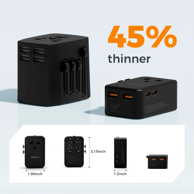 Alt view image 3 of 7 - International Power Adapter PD 25W, Black Ultra Thin Universal Travel Adapter, 2 USB A 2 USB C, US to European UK Australia Ireland, Type C G A I