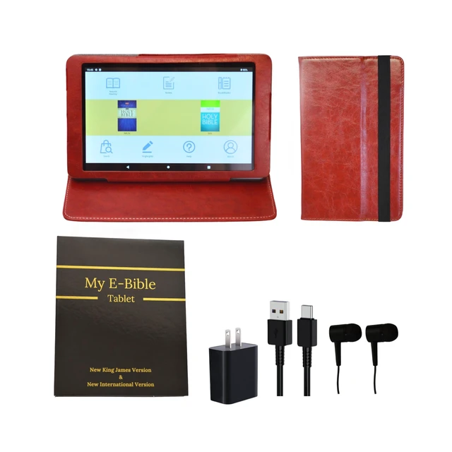 Alt view image 2 of 7 - Award Winning Audiobook Speaker Electronic Bible, 8" eReader Audio Player, with Headphones, Simulated Leather Case, Church Notes Pocket, Hard Shell Bible Style Gift Box Included. (Cranberry)