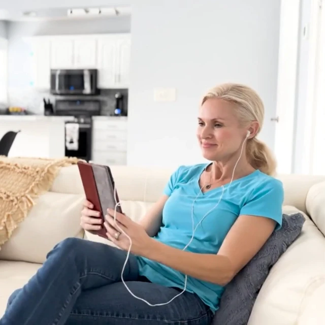 Alt view image 3 of 7 - Award Winning Audiobook Speaker Electronic Bible, 8" eReader Audio Player, with Headphones, Simulated Leather Case, Church Notes Pocket, Hard Shell Bible Style Gift Box Included. (Cranberry)