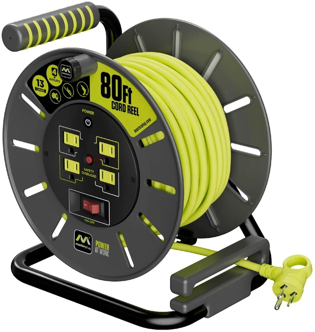 Main image of 80ft Cord Reel, Retractable Extension Lead with Winding Handle, Safety Overload Circuit Breaker and Power Switch, 4X Grounded Outlets, 13amps, 14AWG Cable