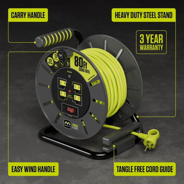 Alt view image 3 of 7 - 80ft Cord Reel, Retractable Extension Lead with Winding Handle, Safety Overload Circuit Breaker and Power Switch, 4X Grounded Outlets, 13amps, 14AWG Cable