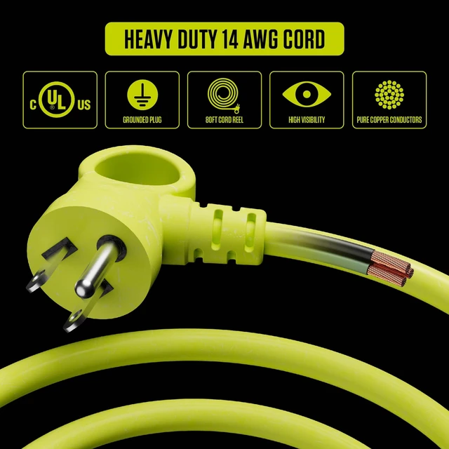 Alt view image 4 of 7 - 80ft Cord Reel, Retractable Extension Lead with Winding Handle, Safety Overload Circuit Breaker and Power Switch, 4X Grounded Outlets, 13amps, 14AWG Cable