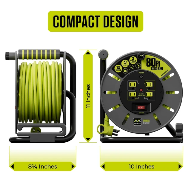 Alt view image 7 of 7 - 80ft Cord Reel, Retractable Extension Lead with Winding Handle, Safety Overload Circuit Breaker and Power Switch, 4X Grounded Outlets, 13amps, 14AWG Cable