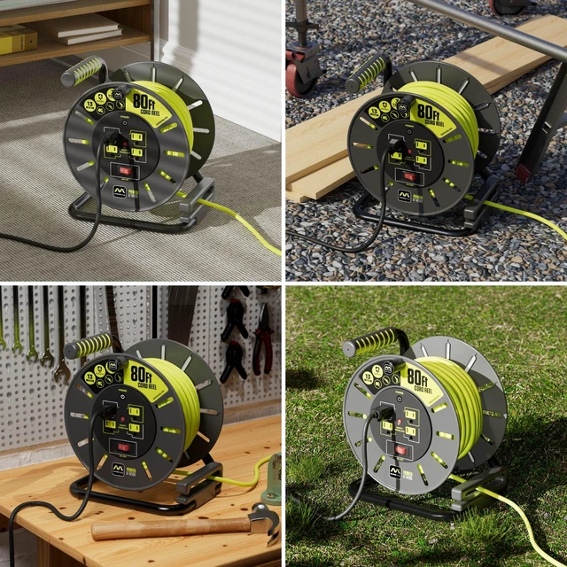 Alt view image 6 of 7 - 80ft Cord Reel, Retractable Extension Lead with Winding Handle, Safety Overload Circuit Breaker and Power Switch, 4X Grounded Outlets, 13amps, 14AWG Cable
