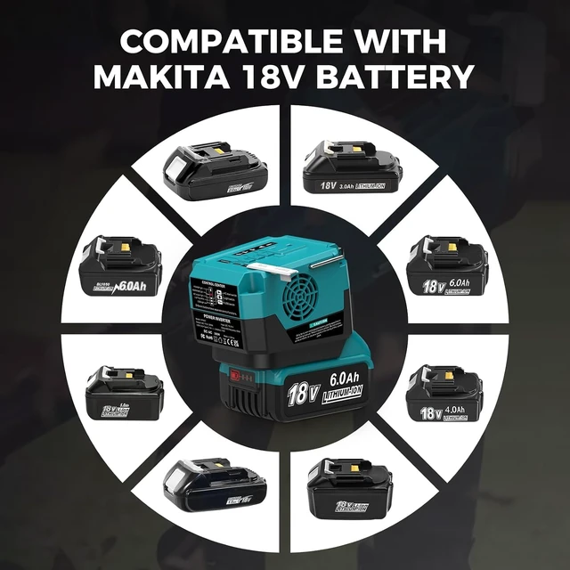 Alt view image 3 of 6 - 260W Portable Power Inverter for Makita 18V Battery DC 18V to AC 110V Power Station, 1 AC Outlet, 2 USB-A, 1 Type-C & LED Light for Camping Outdoor Emergency