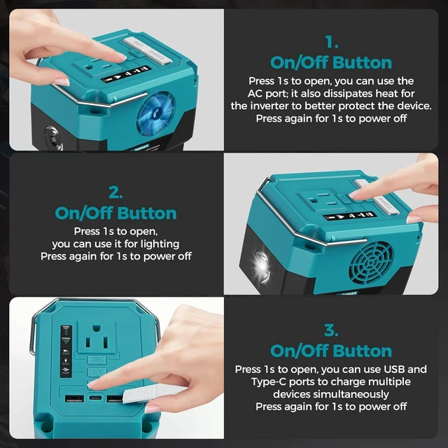Alt view image 6 of 6 - 260W Portable Power Inverter for Makita 18V Battery DC 18V to AC 110V Power Station, 1 AC Outlet, 2 USB-A, 1 Type-C & LED Light for Camping Outdoor Emergency
