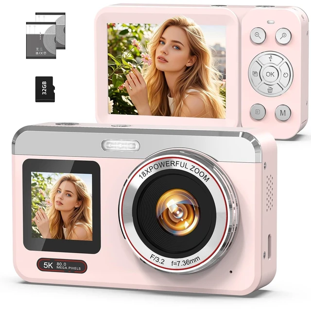 Main image of Digital Camera, 5K 80MP Dual Screen, Auto Focus for Beginners Teens Point and Shoot Camera with 18X Zoom, 32GB Card & 2 Batteries, Great Travel Vlogging Camera for YouTube, Pink