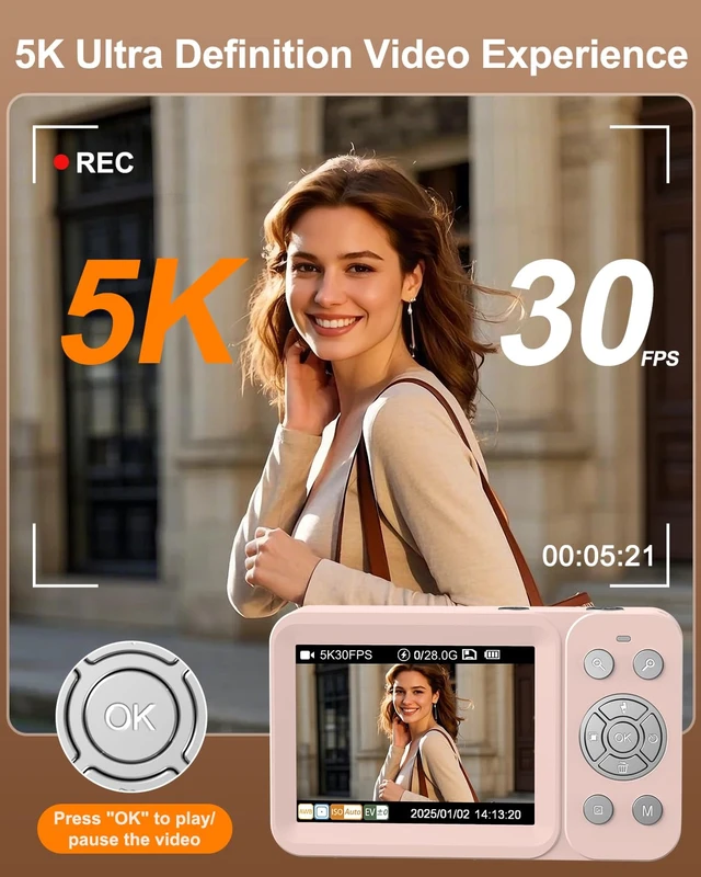 Alt view image 2 of 7 - Digital Camera, 5K 80MP Dual Screen, Auto Focus for Beginners Teens Point and Shoot Camera with 18X Zoom, 32GB Card & 2 Batteries, Great Travel Vlogging Camera for YouTube, Pink