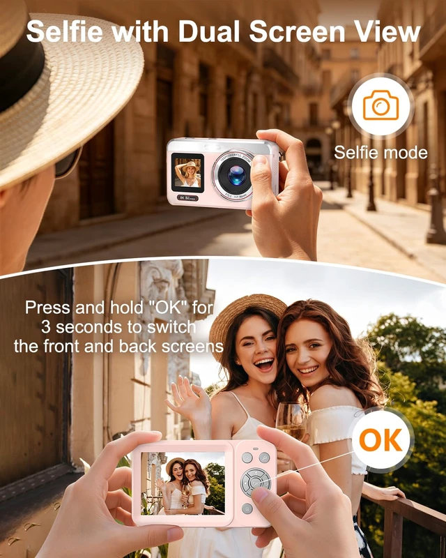 Alt view image 4 of 7 - Digital Camera, 5K 80MP Dual Screen, Auto Focus for Beginners Teens Point and Shoot Camera with 18X Zoom, 32GB Card & 2 Batteries, Great Travel Vlogging Camera for YouTube, Pink