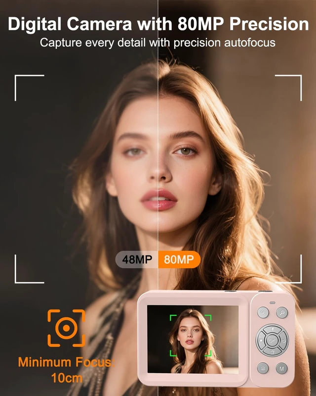 Alt view image 3 of 7 - Digital Camera, 5K 80MP Dual Screen, Auto Focus for Beginners Teens Point and Shoot Camera with 18X Zoom, 32GB Card & 2 Batteries, Great Travel Vlogging Camera for YouTube, Pink
