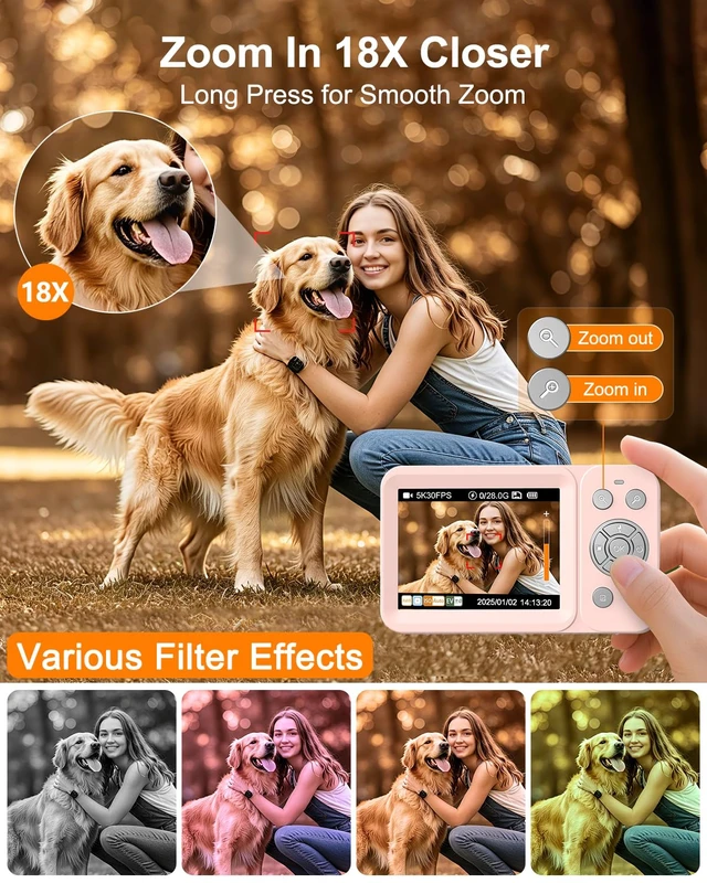 Alt view image 5 of 7 - Digital Camera, 5K 80MP Dual Screen, Auto Focus for Beginners Teens Point and Shoot Camera with 18X Zoom, 32GB Card & 2 Batteries, Great Travel Vlogging Camera for YouTube, Pink