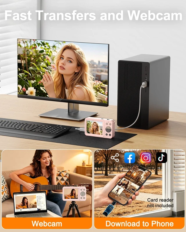 Alt view image 7 of 7 - Digital Camera, 5K 80MP Dual Screen, Auto Focus for Beginners Teens Point and Shoot Camera with 18X Zoom, 32GB Card & 2 Batteries, Great Travel Vlogging Camera for YouTube, Pink