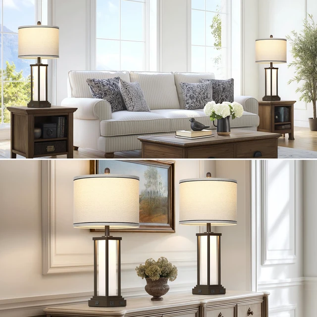 Alt view image 5 of 7 - 27in Tall Farmhouse Table Lamp Set of 2 with USB C+A & Outlet,Brown Industrial End Table Lamp for Living Room,Vintage Rustic Bedside Lamps with Night Light for Bedroom Nightstand,Brown