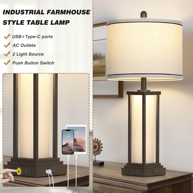 Alt view image 6 of 7 - 27in Tall Farmhouse Table Lamp Set of 2 with USB C+A & Outlet,Brown Industrial End Table Lamp for Living Room,Vintage Rustic Bedside Lamps with Night Light for Bedroom Nightstand,Brown