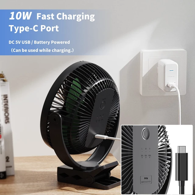 Alt view image 6 of 6 - Clip on Fan, Rechargeable Portable Fan, 8 Inch Small Desk Fan - 10000mAh Battery Powered Fan with 4 Speed, 360° Rotation Personal Fan Suitable for Golf Cart, Bedroom, Travel and Camping (Green)