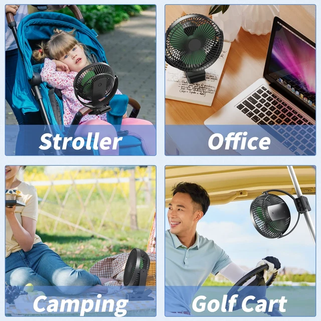 Alt view image 2 of 6 - Clip on Fan, Rechargeable Portable Fan, 8 Inch Small Desk Fan - 10000mAh Battery Powered Fan with 4 Speed, 360° Rotation Personal Fan Suitable for Golf Cart, Bedroom, Travel and Camping (Green)