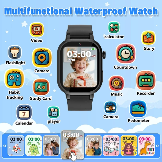 Alt view image 2 of 7 - Kids Waterproof Smart Watch Boys Gift Age 3-12 with 39 Game HD Touch Screen Music Player Video Camera Pedometer Alarm Clock Birthday Gift for 6 7 8 9 Year Olds Black