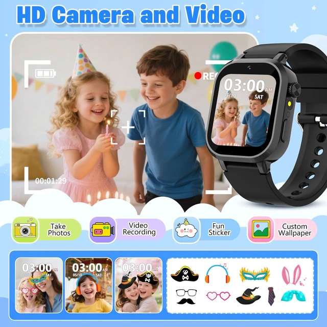 Alt view image 5 of 7 - Kids Waterproof Smart Watch Boys Gift Age 3-12 with 39 Game HD Touch Screen Music Player Video Camera Pedometer Alarm Clock Birthday Gift for 6 7 8 9 Year Olds Black