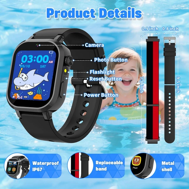 Alt view image 4 of 7 - Kids Waterproof Smart Watch Boys Gift Age 3-12 with 39 Game HD Touch Screen Music Player Video Camera Pedometer Alarm Clock Birthday Gift for 6 7 8 9 Year Olds Black