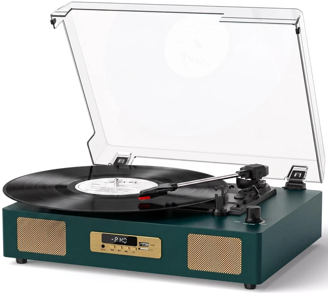 Main image of Vinyl Record Player Bluetooth Turntable with Built in Stereo Speakers USB Recording Belt Drive 3 Speeds LP Player Support RCA Output, Auto Stop, Digital Display, Dark Green & Broze Gold