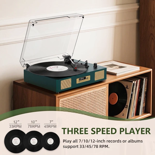 Alt view image 2 of 7 - Vinyl Record Player Bluetooth Turntable with Built in Stereo Speakers USB Recording Belt Drive 3 Speeds LP Player Support RCA Output, Auto Stop, Digital Display, Dark Green & Broze Gold