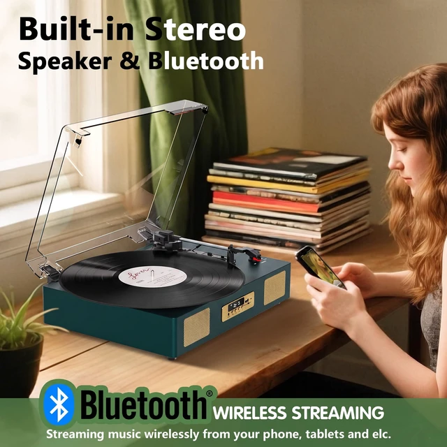 Alt view image 3 of 7 - Vinyl Record Player Bluetooth Turntable with Built in Stereo Speakers USB Recording Belt Drive 3 Speeds LP Player Support RCA Output, Auto Stop, Digital Display, Dark Green & Broze Gold