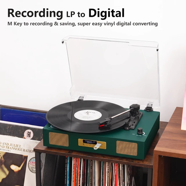 Alt view image 7 of 7 - Vinyl Record Player Bluetooth Turntable with Built in Stereo Speakers USB Recording Belt Drive 3 Speeds LP Player Support RCA Output, Auto Stop, Digital Display, Dark Green & Broze Gold