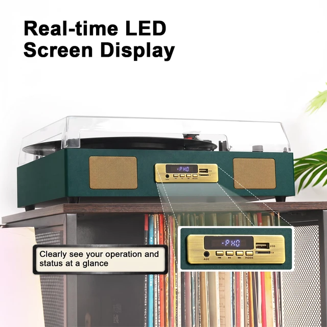 Alt view image 4 of 7 - Vinyl Record Player Bluetooth Turntable with Built in Stereo Speakers USB Recording Belt Drive 3 Speeds LP Player Support RCA Output, Auto Stop, Digital Display, Dark Green & Broze Gold