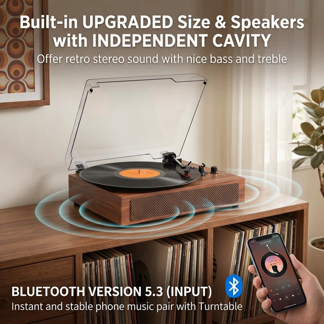Alt view image 2 of 7 - Record Player with Speakers, 3-Speed Belt-Drive Turntable, Larger Brown Wood Cabinet with Stereo Speakers, RCA Output, AUX Input, Headphone Jack and Auto Stop Brown Wood