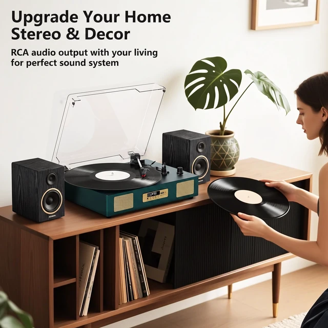Alt view image 6 of 7 - Vinyl Record Player Bluetooth Turntable with Built in Stereo Speakers USB Recording Belt Drive 3 Speeds LP Player Support RCA Output, Auto Stop, Digital Display, Dark Green & Broze Gold