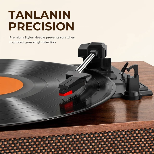 Alt view image 5 of 7 - Record Player with Speakers, 3-Speed Belt-Drive Turntable, Larger Brown Wood Cabinet with Stereo Speakers, RCA Output, AUX Input, Headphone Jack and Auto Stop Brown Wood