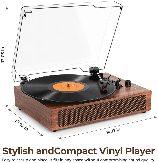 Alt view image 7 of 7 - Record Player with Speakers, 3-Speed Belt-Drive Turntable, Larger Brown Wood Cabinet with Stereo Speakers, RCA Output, AUX Input, Headphone Jack and Auto Stop Brown Wood