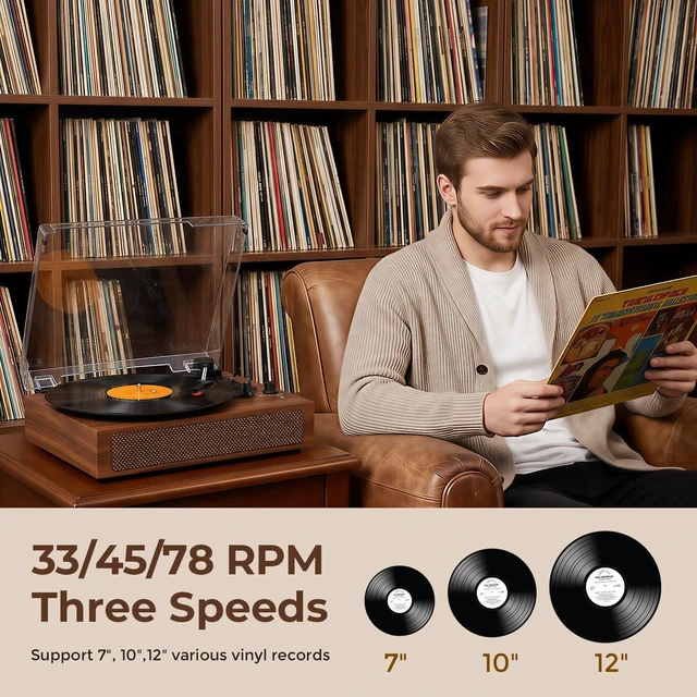 Alt view image 3 of 7 - Record Player with Speakers, 3-Speed Belt-Drive Turntable, Larger Brown Wood Cabinet with Stereo Speakers, RCA Output, AUX Input, Headphone Jack and Auto Stop Brown Wood