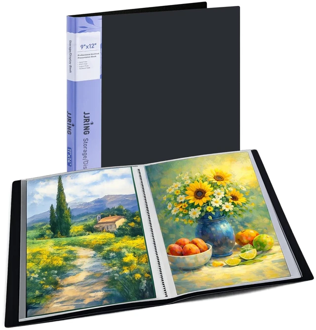 Main image of 9x12 Black Art Portfolio Folder Displaying 48 Pages with Plastic Sleeves 24-Pocket Presentation Book Binder For Artwork Storage Featuring Dark Inner Paper Inserts Protective Document Archival Holder