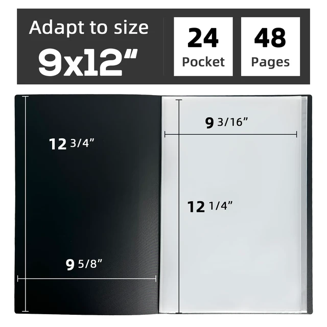 Alt view image 2 of 7 - 9x12 Black Art Portfolio Folder Displaying 48 Pages with Plastic Sleeves 24-Pocket Presentation Book Binder For Artwork Storage Featuring Dark Inner Paper Inserts Protective Document Archival Holder