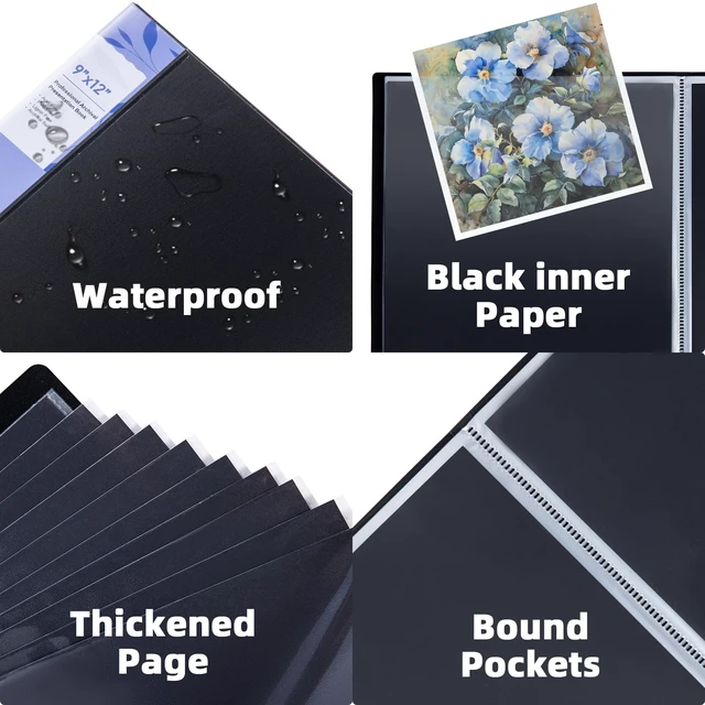 Alt view image 4 of 7 - 9x12 Black Art Portfolio Folder Displaying 48 Pages with Plastic Sleeves 24-Pocket Presentation Book Binder For Artwork Storage Featuring Dark Inner Paper Inserts Protective Document Archival Holder