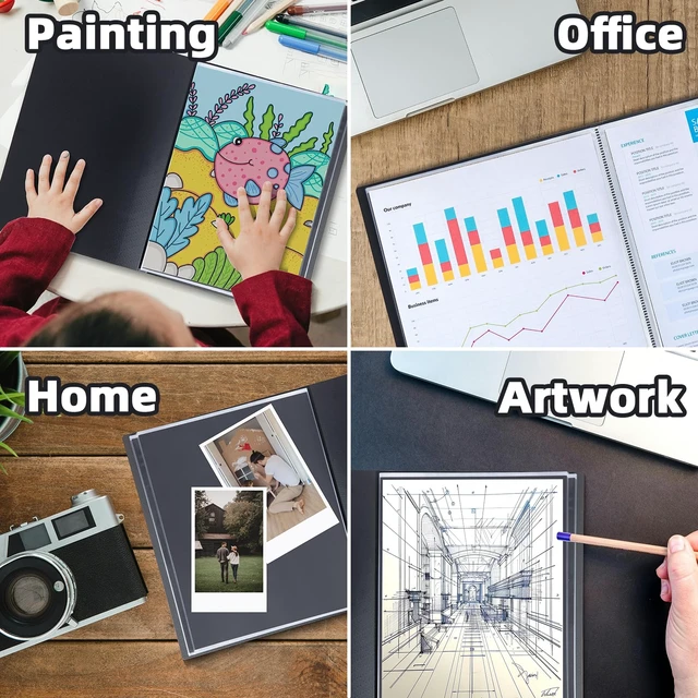 Alt view image 6 of 7 - 9x12 Black Art Portfolio Folder Displaying 48 Pages with Plastic Sleeves 24-Pocket Presentation Book Binder For Artwork Storage Featuring Dark Inner Paper Inserts Protective Document Archival Holder