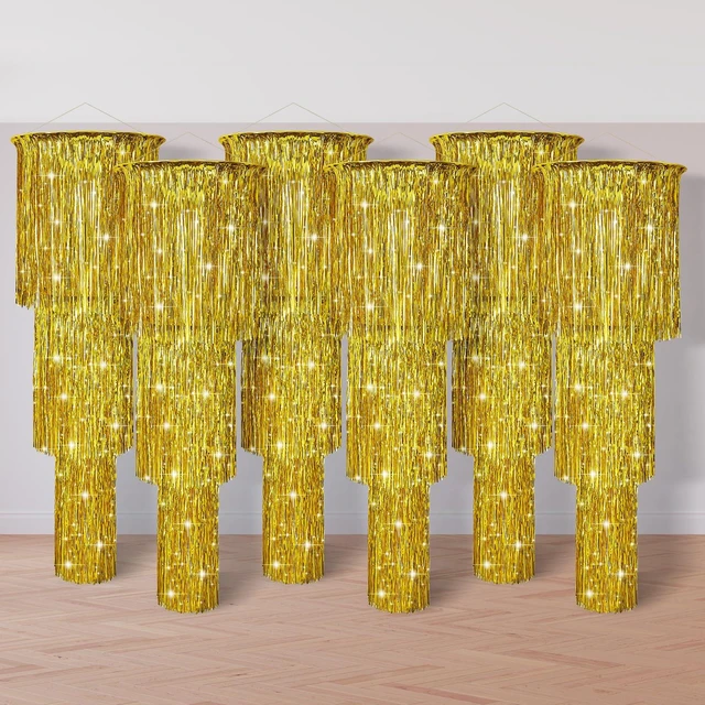 Main image of 6 Pcs 3 Tier Metallic Tinsel Chandelier Shimmering Fringe Chandelier Decor Hanging Decoration Photo Booth Backdrop for Birthday Anniversary Wedding Party Supplies, 4 Ft(Gold)