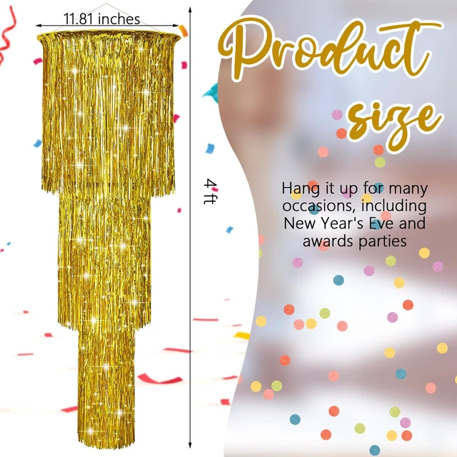 Alt view image 3 of 6 - 6 Pcs 3 Tier Metallic Tinsel Chandelier Shimmering Fringe Chandelier Decor Hanging Decoration Photo Booth Backdrop for Birthday Anniversary Wedding Party Supplies, 4 Ft(Gold)