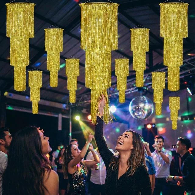 Alt view image 6 of 6 - 6 Pcs 3 Tier Metallic Tinsel Chandelier Shimmering Fringe Chandelier Decor Hanging Decoration Photo Booth Backdrop for Birthday Anniversary Wedding Party Supplies, 4 Ft(Gold)