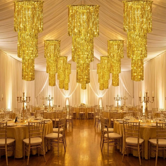 Alt view image 5 of 6 - 6 Pcs 3 Tier Metallic Tinsel Chandelier Shimmering Fringe Chandelier Decor Hanging Decoration Photo Booth Backdrop for Birthday Anniversary Wedding Party Supplies, 4 Ft(Gold)