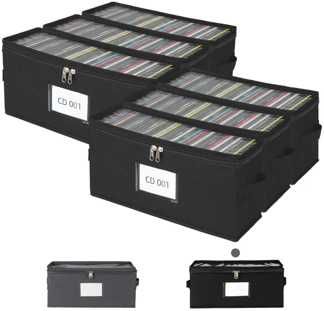 Main image of 6 Pack Fabric CD Storage Box with Clear PVC Lid, Holds 35 Standard CD Cases, Zipper Closure for Dust Protection, Portable CD Organizer for Music Collection, Black