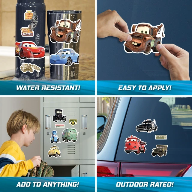Alt view image 2 of 7 - Disney Pixar Cars Decals - Set of 16 Lightning McQueen, Tow Mater, Sally Carrera, Sheriff Vinyl Stickers for Car Laptop Computer Kids Water Bottle Outdoor Waterproof