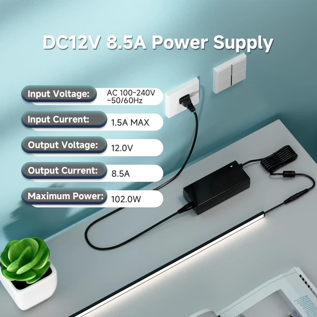 Alt view image 5 of 7 - 12V 8.5A 102W Power Supply Adapter ETL Listed 100-240V AC to 12V DC Converter Power Supply, 5.5x2.1mm Jack for Low Voltage LED Strip Lights, CCTV, Router, Electronics